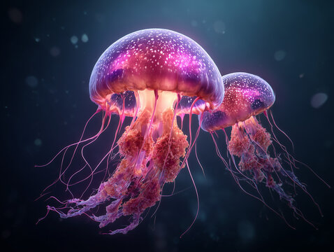 Glowing purple jellyfish floating gracefully in dark water