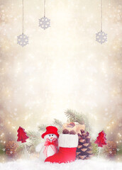 Christmas background with Snowman in hat, decorative Santa red boot, lollipop candy, fir tree branch and cedar cone. New Year winter holidays fantasy card with decor and copy space, festive postcard.