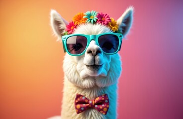 Obraz premium Charming llama wears sunglasses and flower crown on gradient background. Playful alpaca in bow tie has happy face. Cute animal illustration for postcards posters. Funny character portrait.