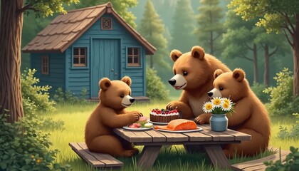 Three brown bears enjoy a picnic lunch outside a wooden cabin in a rich forest. A father, mother, and cub share cake, fish, and fruit at a picnic table with flowers.