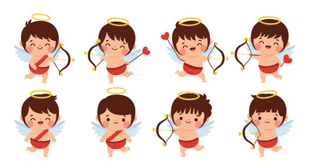 Cute Cartoon Cupid Characters with Bows and Arrows, Representing Love and Affection