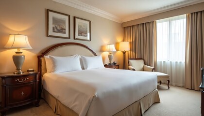 Elegant hotel room with king size bed, plush white bedding, bedside tables with lamps, and armchair. Comfortable space for rest and relaxation in a well-decorated suite.