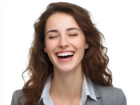Cheerful young woman closing her eyes while laughing happily