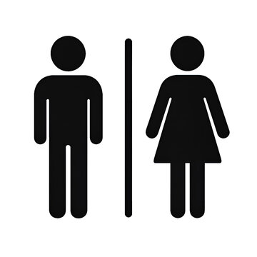 A modern minimalist toilet logo showing a male figure on the left and a female figure on the right, separated by a vertical line, designed in clean black silhouette style