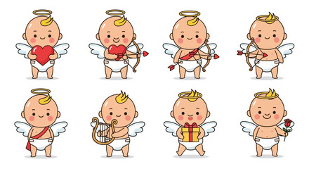 Fototapeta premium Cute baby cherub characters with halos and wings, holding hearts, bows, and gifts, symbolizing love, romance, and celebration