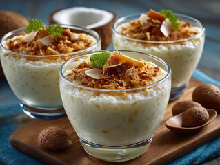 Creamy coconut rice pudding dessert served in glass cups