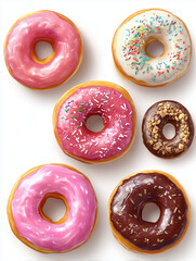 Donuts with colorful icing and sprinkles on white background