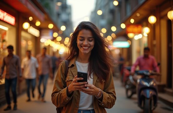 Smiling woman uses smartphone on city street. Lady texts message walks outdoors. Girl enjoys mobile communication, uses online app, social media, surfs internet. People walk, ride by scooter at - Powered by Adobe