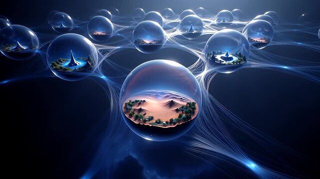 The multiverse concept visualized as a futuristic network of interconnected parallel universes, each a unique dimension or alternate reality.