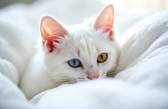 White cat with stunning blue and yellow eyes relaxes on a fluffy white bed. The Turkish Angora kitten gazes peacefully at the camera. Heterochromia cat portrait at home.