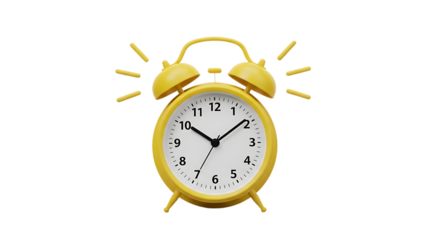 Yellow Twin Bell Alarm Clock Ringing with Sound Waves, isolated on a white or transparent background, cutout, PNG