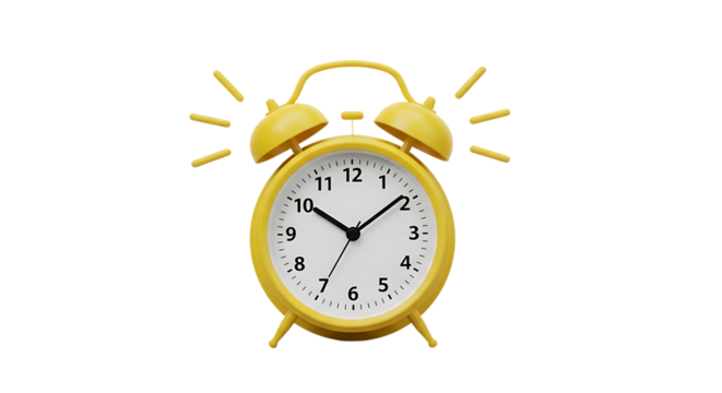 Yellow Twin Bell Alarm Clock Ringing with Sound Waves, isolated on a white or transparent background, cutout, PNG