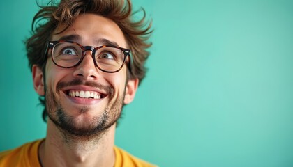 Young man displays joyful expression against bright teal backdrop. He wears glasses, yellow shirt. Image conveys happiness, positivity with genuine smile. This portrait highlights youthful enthusiasm.