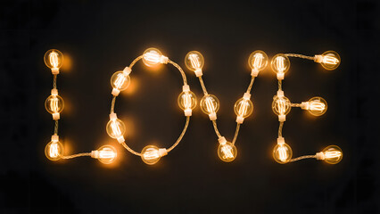 LOVE word spelled with glowing string lights, warm light bulbs typography, Valentine's Day concept, romantic decoration on black background.