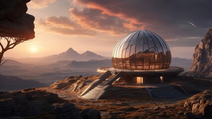 Futuristic Glass Dome Structure on Rocky Terrain at Sunset with Distant Mountains
