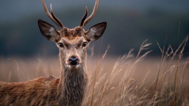 Portrait of a majestic red deer in a field during the autumn season - Powered by Adobe