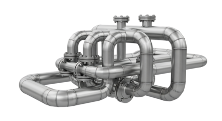Complex network of silver metal pipes with flanges and elbows, isolated on a white or transparent background, cutout, PNG
