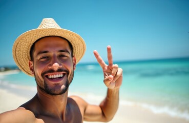 Happy man takes selfie at beach. Young guy wears straw hat showing peace sign. Male enjoys vacation smiling. Face close up in sunny weather.