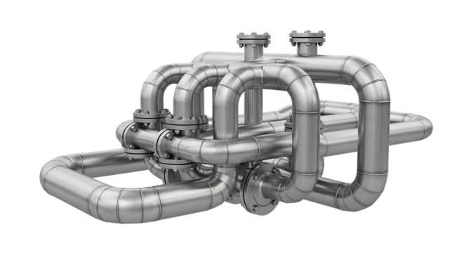 Complex network of silver metal pipes with flanges and elbows, isolated on a white or transparent background, cutout, PNG