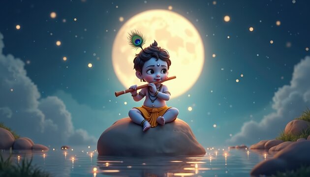 Krishna plays flute at night, sitting on rock near water. Sky has stars and moon. Divine hindu god celebrates holiday festival. Cute happy deity worshiped in religious culture.