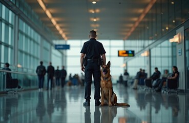 Airport security officer with trained police dog stands inside. Policeman, dog at duty in terminal. Security patrol inspects passengers for safety. Trained animal helps to maintain order, protect
