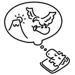 一富士二鷹三茄子　縁起のいい初夢を見るかわいい馬　吹き出し　モノクロ