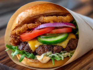 Gourmet cheeseburger with onion rings and fresh vegetables