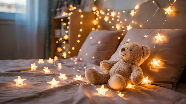 Teddy bear on bed with glowing star string lights, cozy children bedroom night scene, magical nursery decor, warm bokeh background, soft pillows.