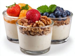 Three yogurt parfaits with berries, nuts, and granola