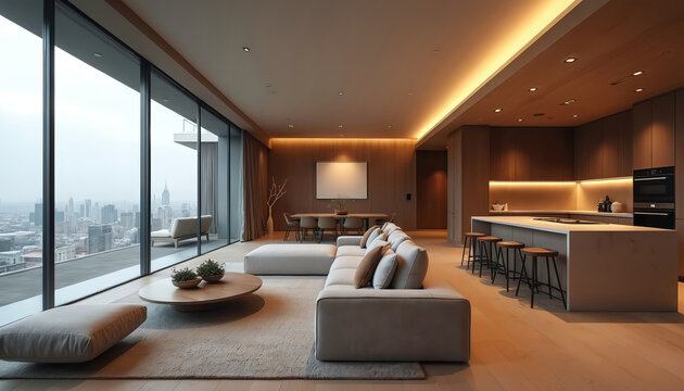 Spacious modern apartment living room with open plan kitchen, dining area. Large windows offer panoramic city views. Neutral tones, wood finishes create serene atmosphere. Minimalist furniture, decor - Powered by Adobe