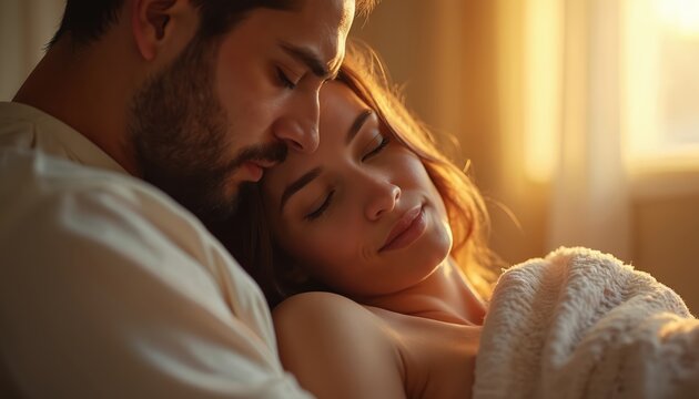 Woman rests in arms of her partner. Couple in intimate moment with closed eyes. Man embraces woman showing love and care. Soft sunlight, romantic mood.