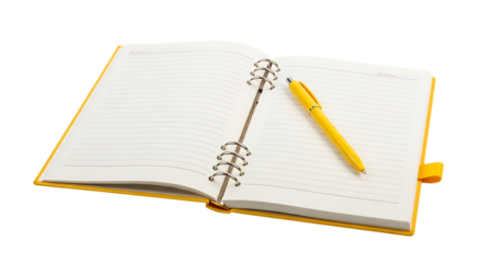 Open yellow ring binder notebook with a yellow pen resting on lined pages, isolated on a white or transparent background, cutout, PNG
