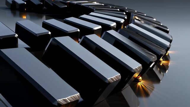 The tipping point is reached in an abstract 3D animation as glowing golden spheres trigger a domino effect, starting a chain reaction of falling black blocks.