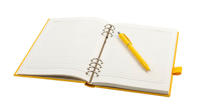 Open yellow ring binder notebook with a yellow pen resting on lined pages, isolated on a white or transparent background, cutout, PNG