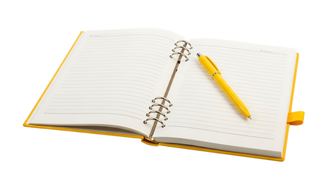 Open yellow ring binder notebook with a yellow pen resting on lined pages, isolated on a white or transparent background, cutout, PNG