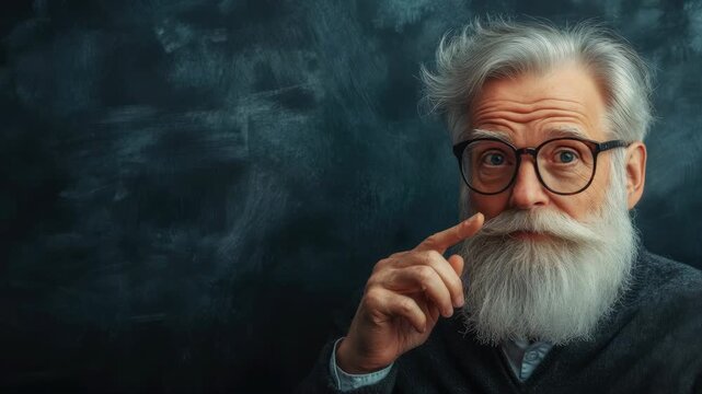 Elderly man with long white beard and glasses, touching his mustache, dark background