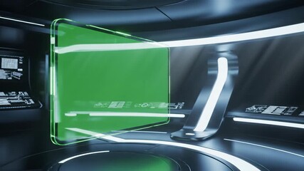 Futuristic sci-fi command center interior featuring an empty pilot's chair and a large transparent green screen for custom data display - Powered by Adobe