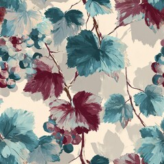 Naklejka premium Illustrated grape vine seamless pattern with blue and burgundy leaves and grapes. Modern botanical art for fabric print design.