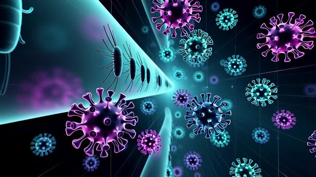 Virome visualization featuring a futuristic 3D animation of microscopic viruses and bacteria interacting within a glowing, abstract microbial environment.