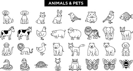 Detailed black and white outline cartoon illustrations of various animals and pets: dogs, cats, rabbits, horses, cows, chickens, pigs, sheep, monkeys, lions, tigers, elephants, bears, foxes