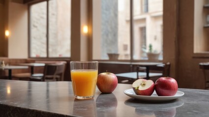 Glass of juice and sliced apples in rustic kitchen interior