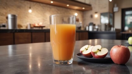 Fresh apple juice with apples on stone kitchen counter