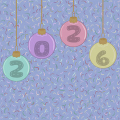 2026 in a hand-drawn Christmas tree ornament balls on a confetti background