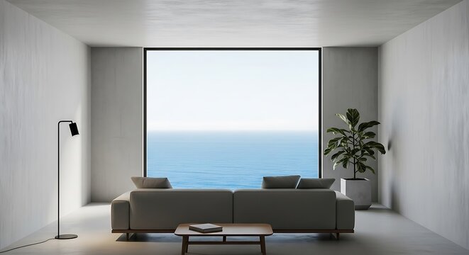 Coastal serenity, modern living space with expansive ocean view concept