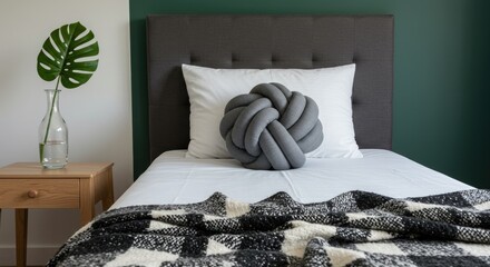 A cozy bed scene featuring a grey headboard, decorative knot pillow, white bedding, blanket, bedside table, and a leafy plant in a clear vase