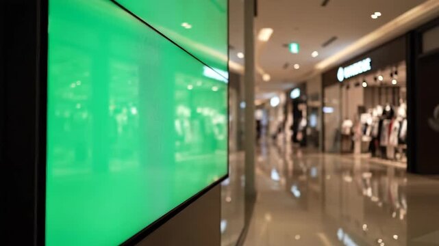 A large vertical green screen digital billboard in a modern shopping mall, ideal for advertising mockups and commercial video content