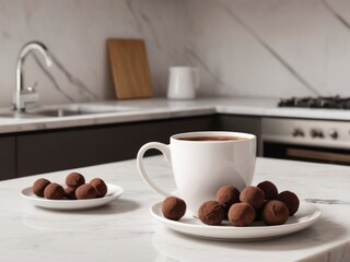 Hot drink  and chocolate truffles in modern minimalist kitchen
