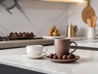 Coffee and tea cups with truffles on marble kitchen counter