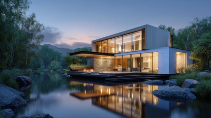 Obraz premium 3d rendering of modern house by the river house, luxury, villa, modern, architecture, building, exterior, residential, property, designer