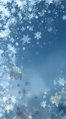 Snowflake pattern gently falling across a soft blue winter sky background